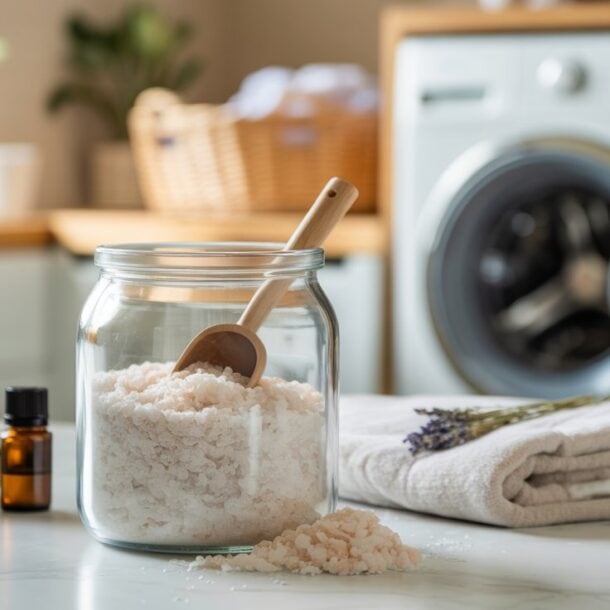 A glass jar of pink bath salts with a wooden scoop sits on a counter near a folded towel, lavender sprigs, a small oil bottle, and a washing machine in a bright laundry room.