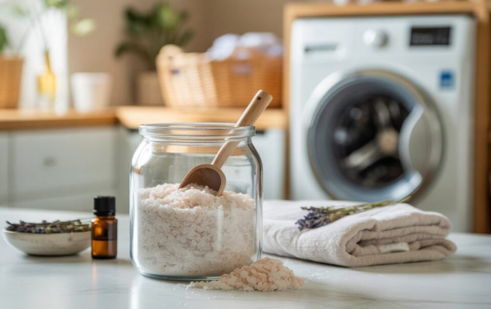 A glass jar of pink bath salts with a wooden scoop sits on a counter near a folded towel, lavender sprigs, a small oil bottle, and a washing machine in a bright laundry room.
