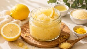 A jar of DIY Lemon Sugar Scrub garnished with a lemon wedge sits on a wooden board. Nearby are a halved lemon, a whole lemon, a small bowl of lemon zest, oil, and a spoonful of scrub.