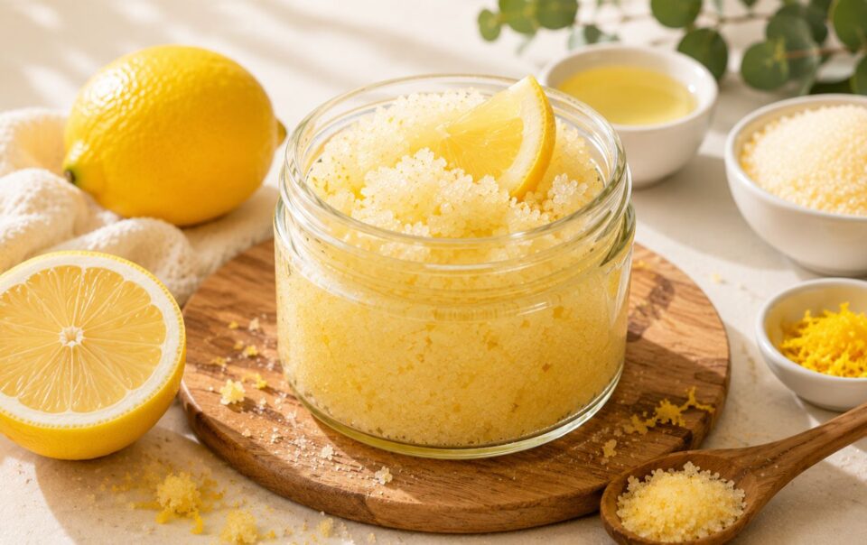 A jar of DIY Lemon Sugar Scrub garnished with a lemon wedge sits on a wooden board. Nearby are a halved lemon, a whole lemon, a small bowl of lemon zest, oil, and a spoonful of scrub.