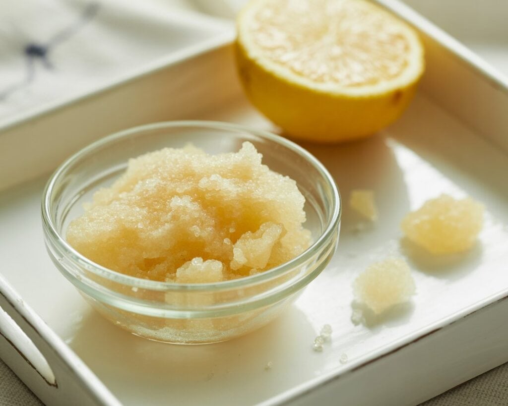 A small glass bowl filled with a light brown, grainy DIY Lemon Sugar Scrub sits on a white tray next to a halved lemon, with a few clumps of the mixture scattered nearby.