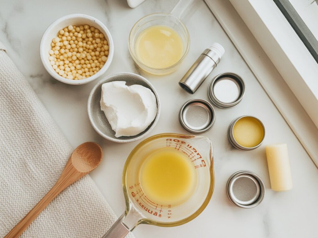 A flat lay of natural skincare ingredients on a white surface, including yellow beeswax pellets, a bowl of solid white butter, a measuring cup with melted oil, small tins, a wooden spoon, a lip balm tube, and a cloth.