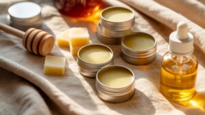 Small metal tins of balm, a dropper bottle of oil, beeswax blocks, and a honey dipper are arranged on beige fabric, suggesting natural skincare or homemade beauty products in warm sunlight.
