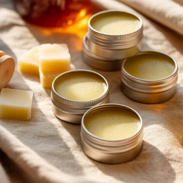 Small metal tins of balm, a dropper bottle of oil, beeswax blocks, and a honey dipper are arranged on beige fabric, suggesting natural skincare or homemade beauty products in warm sunlight.