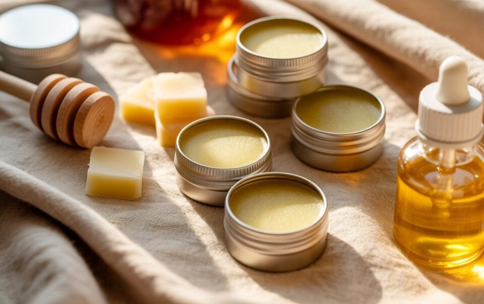 Small metal tins of balm, a dropper bottle of oil, beeswax blocks, and a honey dipper are arranged on beige fabric, suggesting natural skincare or homemade beauty products in warm sunlight.