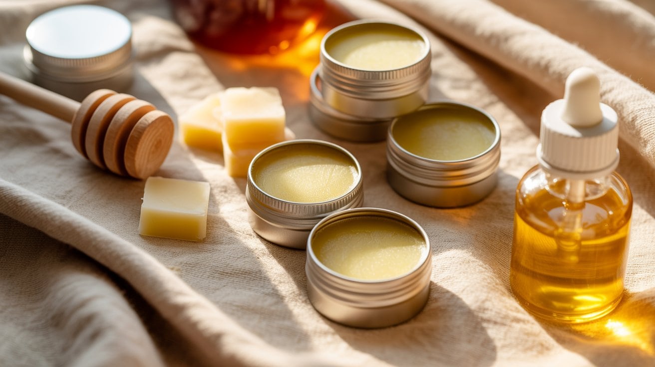 Small metal tins of balm, a dropper bottle of oil, beeswax blocks, and a honey dipper are arranged on beige fabric, suggesting natural skincare or homemade beauty products in warm sunlight.