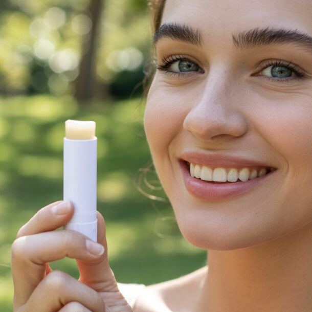A smiling woman outdoors holds an open tube of DIY SPF Lip Balm near her face, with a green, blurred background behind her.