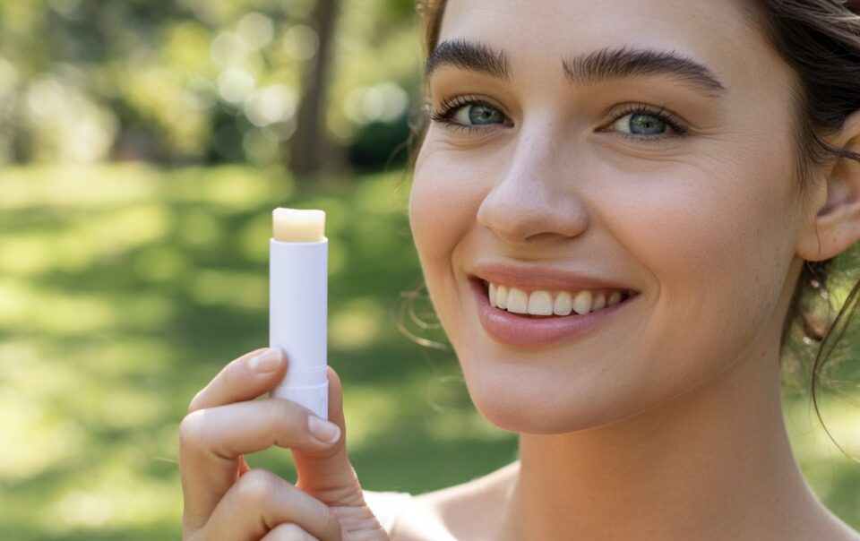 A smiling woman outdoors holds an open tube of DIY SPF Lip Balm near her face, with a green, blurred background behind her.