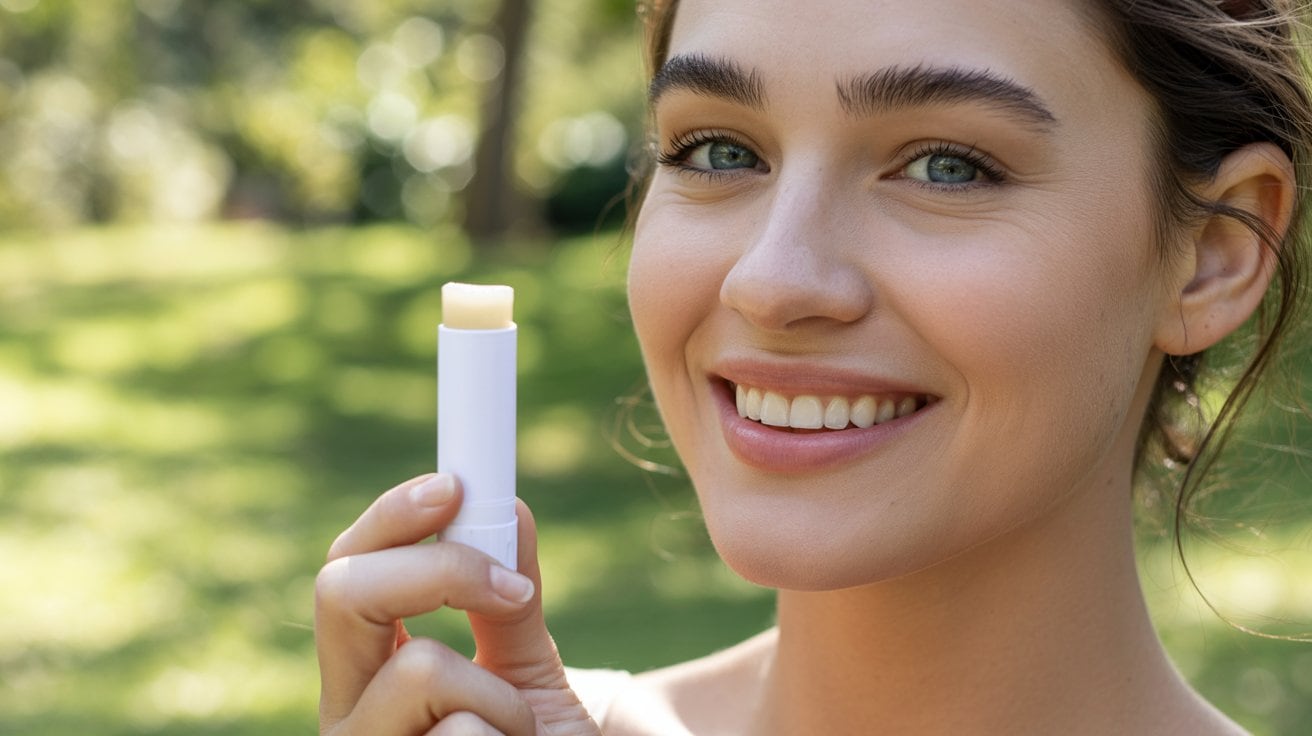 A smiling woman outdoors holds an open tube of DIY SPF Lip Balm near her face, with a green, blurred background behind her.