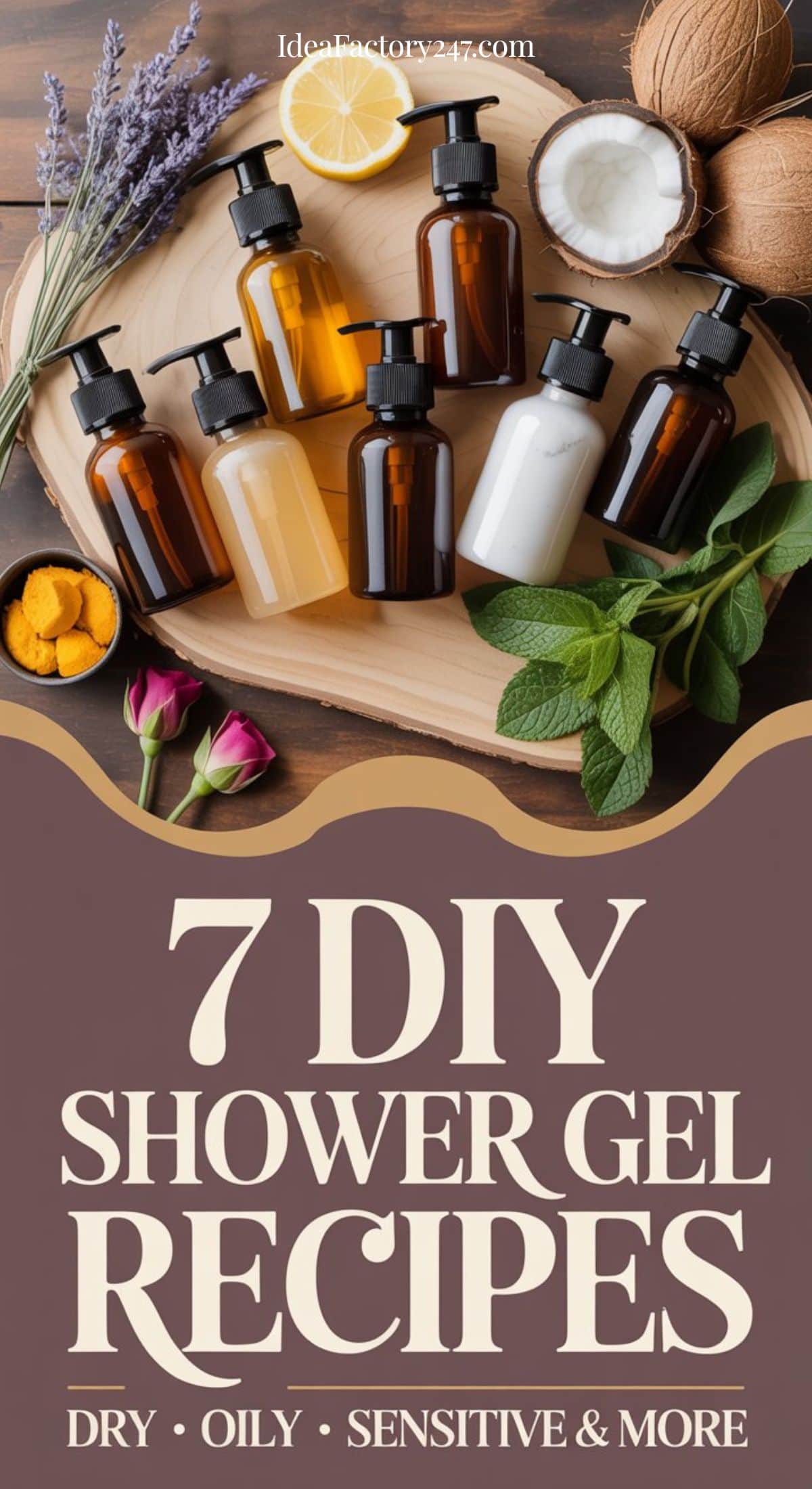 Amber and clear pump bottles filled with shower gels, surrounded by natural ingredients like lemon, mint, turmeric, rosebuds, lavender, and coconuts. Text reads: 7 DIY Shower Gel Recipes: Dry, Oily, Sensitive & More.