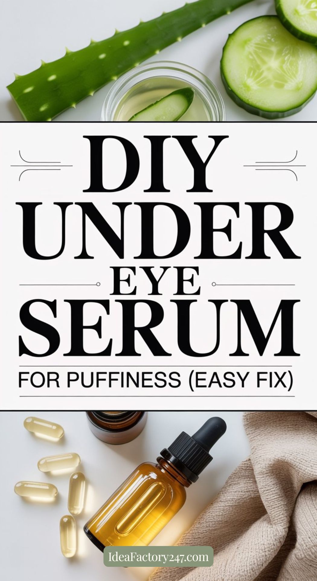 A bottle of serum, capsules, aloe vera, cucumber slices, and a towel surround text that reads: DIY under eye serum for puffiness (Easy Fix). Enjoy this simple at-home remedy to refresh tired eyes.