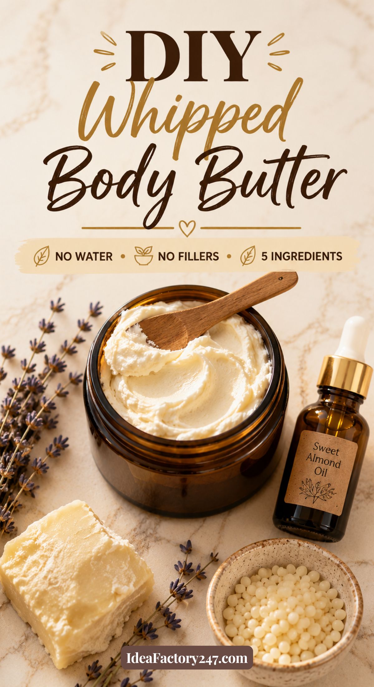 A jar of DIY Whipped Body Butter with a wooden spoon, surrounded by shea butter, sweet almond oil, beeswax pellets, and lavender sprigs. Text reads, “DIY Whipped Body Butter: No Water, No Fillers, 5 Ingredients.”.