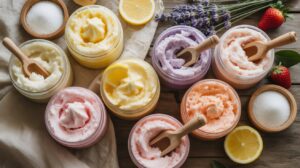 Jars of colorful whipped sugar scrub in pastel shades, each with a small wooden spoon. Fresh lemon slices, strawberries, lavender, and bowls of sugar are arranged around the jars on a wooden surface.