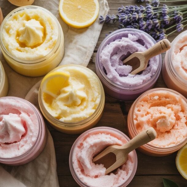 Jars of colorful whipped sugar scrub in pastel shades, each with a small wooden spoon. Fresh lemon slices, strawberries, lavender, and bowls of sugar are arranged around the jars on a wooden surface.