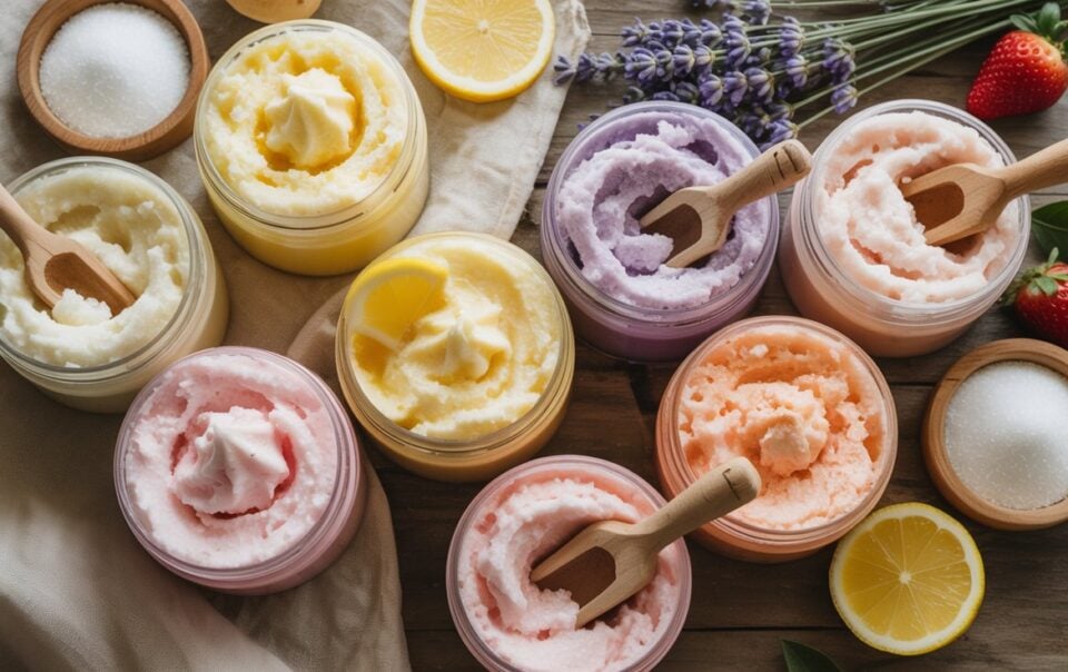 Jars of colorful whipped sugar scrub in pastel shades, each with a small wooden spoon. Fresh lemon slices, strawberries, lavender, and bowls of sugar are arranged around the jars on a wooden surface.