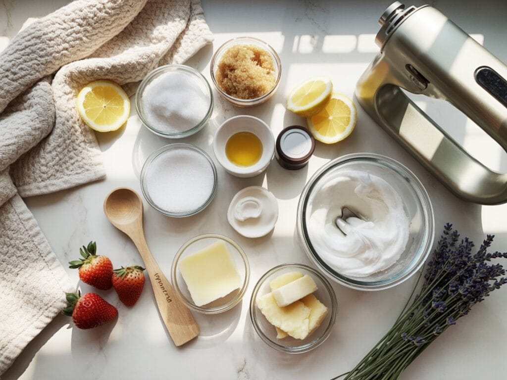 A countertop displays baking ingredients including sugar, brown sugar, butter, shortening, oil, vanilla, flour, eggs, lemons, strawberries, and whipped cream near a mixer and towel—plus lavender sprigs perfect for a homemade whipped sugar scrub.