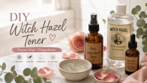 A DIY Witch Hazel Toner setup with labeled amber spray bottle, clear witch hazel bottle, vegetable glycerin, rose petals, eucalyptus, a glass bowl with green liquid, and pink text highlighting benefits and ingredients.