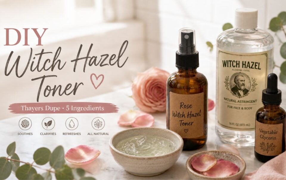 A DIY Witch Hazel Toner setup with labeled amber spray bottle, clear witch hazel bottle, vegetable glycerin, rose petals, eucalyptus, a glass bowl with green liquid, and pink text highlighting benefits and ingredients.
