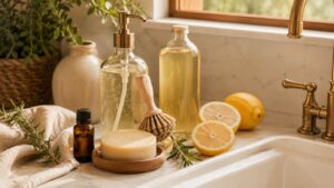 A kitchen countertop with natural cleaning supplies, including a glass soap dispenser filled with diy dish soap, bottles of liquid, a scrub brush, a bar of soap, an amber dropper bottle, lemon halves, a towel, and greenery near the sink.