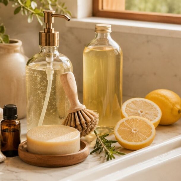 A kitchen countertop with natural cleaning supplies, including a glass soap dispenser filled with diy dish soap, bottles of liquid, a scrub brush, a bar of soap, an amber dropper bottle, lemon halves, a towel, and greenery near the sink.