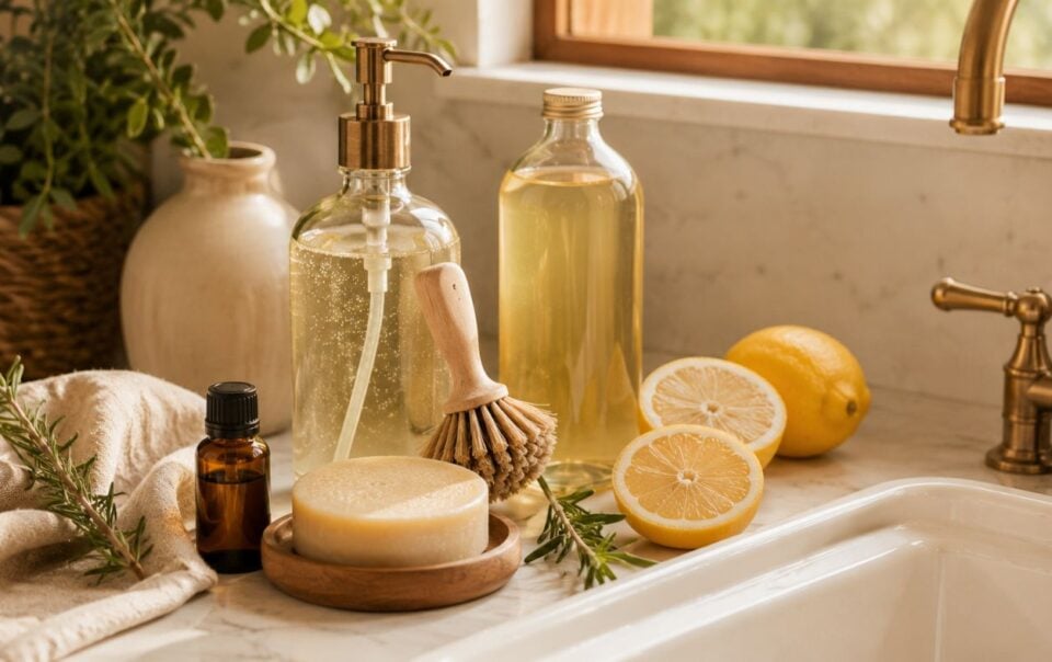 A kitchen countertop with natural cleaning supplies, including a glass soap dispenser filled with diy dish soap, bottles of liquid, a scrub brush, a bar of soap, an amber dropper bottle, lemon halves, a towel, and greenery near the sink.