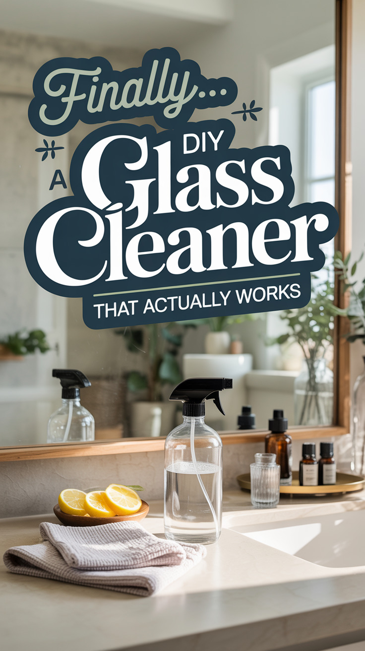 A tidy bathroom countertop with a glass spray bottle, sliced lemons, towels, and small jars. Text reads: Finally... a DIY glass cleaner that actually works. Sunlight streams in through a window.