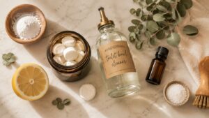 A glass pump bottle labeled toilet bowl cleaner, a jar of white tablets, a small bottle of liquid, a half lemon, bowls of powder, eucalyptus leaves, and a wooden brush on a marble surface.