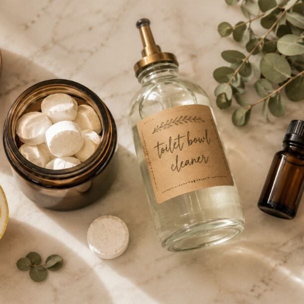 A glass pump bottle labeled toilet bowl cleaner, a jar of white tablets, a small bottle of liquid, a half lemon, bowls of powder, eucalyptus leaves, and a wooden brush on a marble surface.