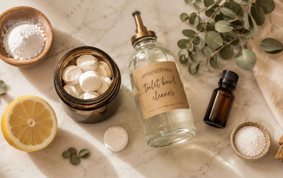 A glass pump bottle labeled toilet bowl cleaner, a jar of white tablets, a small bottle of liquid, a half lemon, bowls of powder, eucalyptus leaves, and a wooden brush on a marble surface.