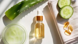 A bottle of facial serum, a jar of green gel, aloe vera leaf, cucumber slices, two soft towels, and three golden capsules arranged on a white surface in natural sunlight—a perfect setup for creating your own DIY under eye serum.