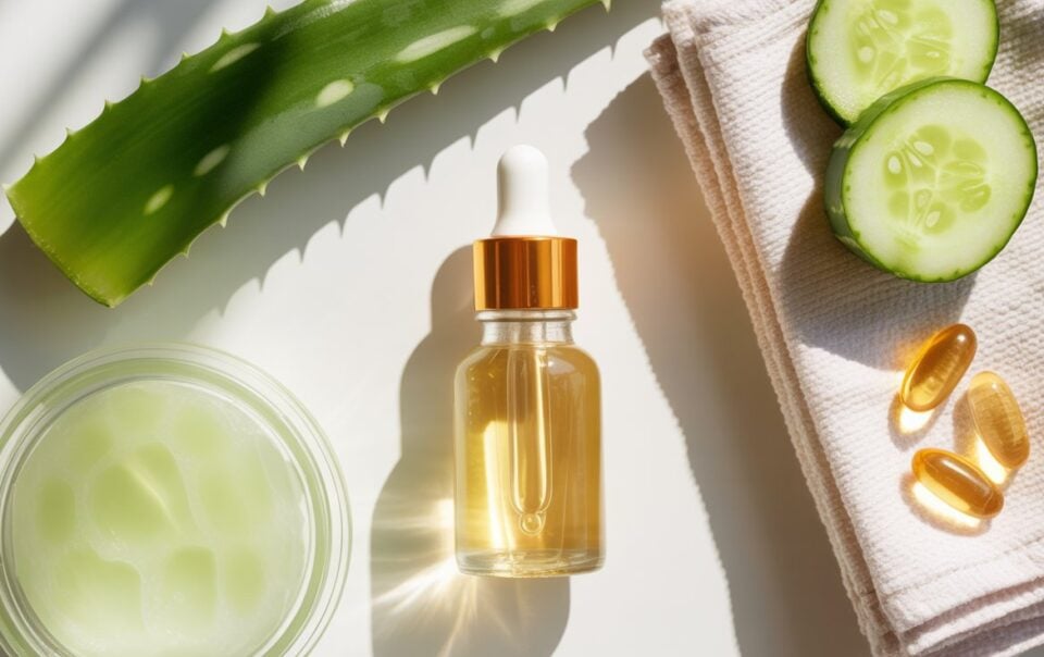 A bottle of facial serum, a jar of green gel, aloe vera leaf, cucumber slices, two soft towels, and three golden capsules arranged on a white surface in natural sunlight—a perfect setup for creating your own DIY under eye serum.