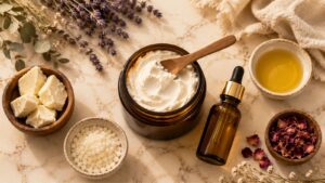 A jar of creamy DIY Whipped Body Butter with a wooden spoon, surrounded by bowls of shea butter, beeswax pellets, dried rose petals, golden oil, and sprigs of lavender and eucalyptus on a marble surface.