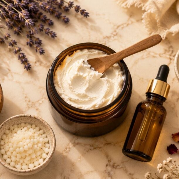 A jar of creamy DIY Whipped Body Butter with a wooden spoon, surrounded by bowls of shea butter, beeswax pellets, dried rose petals, golden oil, and sprigs of lavender and eucalyptus on a marble surface.