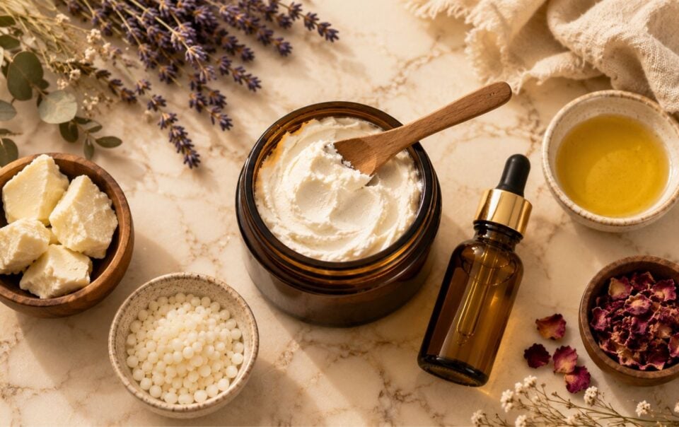 A jar of creamy DIY Whipped Body Butter with a wooden spoon, surrounded by bowls of shea butter, beeswax pellets, dried rose petals, golden oil, and sprigs of lavender and eucalyptus on a marble surface.