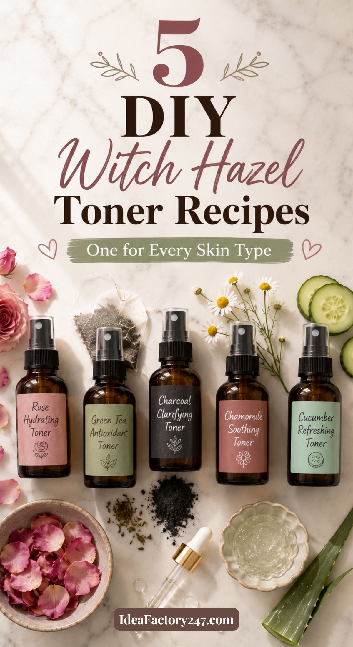 Five bottles of homemade witch hazel toners with labels for different skin types are arranged on a table with rose petals, green tea, cucumber slices, a honey dipper, charcoal powder, and chamomile flowers.
