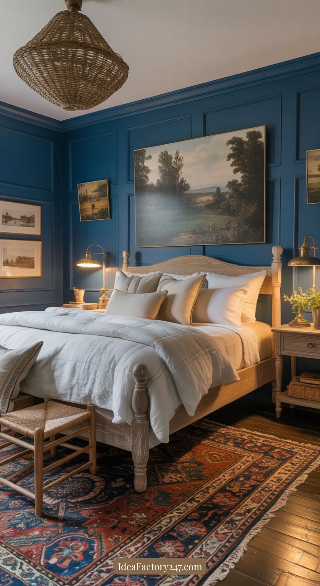 A cozy bedroom with deep blue paneled walls, a wooden bed with white bedding, vintage artwork above the bed, two bedside tables with lamps, a woven pendant light, and a colorful patterned rug.
