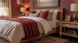 A cozy bedroom with a wooden bed, white and red bedding, chunky red throw, rustic nightstand, two lamps, framed art above the bed, and a patterned rug on a dark floor. Warm lighting creates an inviting atmosphere.