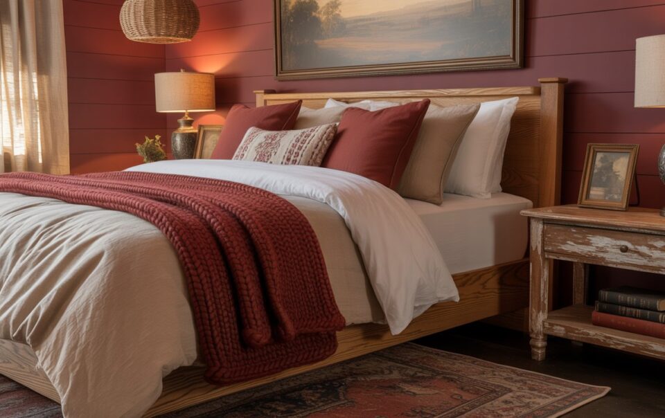 A cozy bedroom with a wooden bed, white and red bedding, chunky red throw, rustic nightstand, two lamps, framed art above the bed, and a patterned rug on a dark floor. Warm lighting creates an inviting atmosphere.