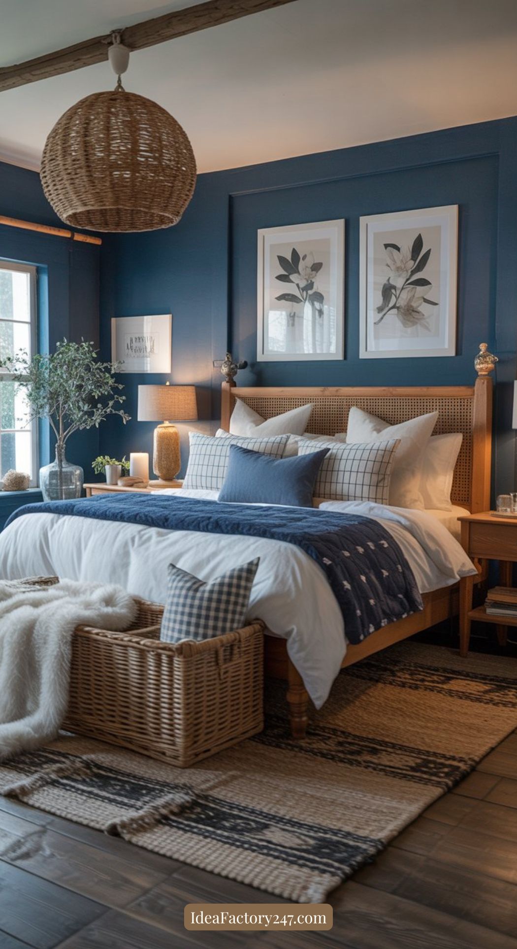 A cozy bedroom with a dark blue accent wall, a wooden bed with white and blue bedding, rattan decor, woven baskets, framed botanical prints, plants, and soft natural light.