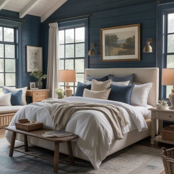 A cozy bedroom with dark blue walls, a white ceiling, large windows, a plush bed with white and blue bedding, wooden benches, nightstands with lamps, and a vintage rug on wooden floors.