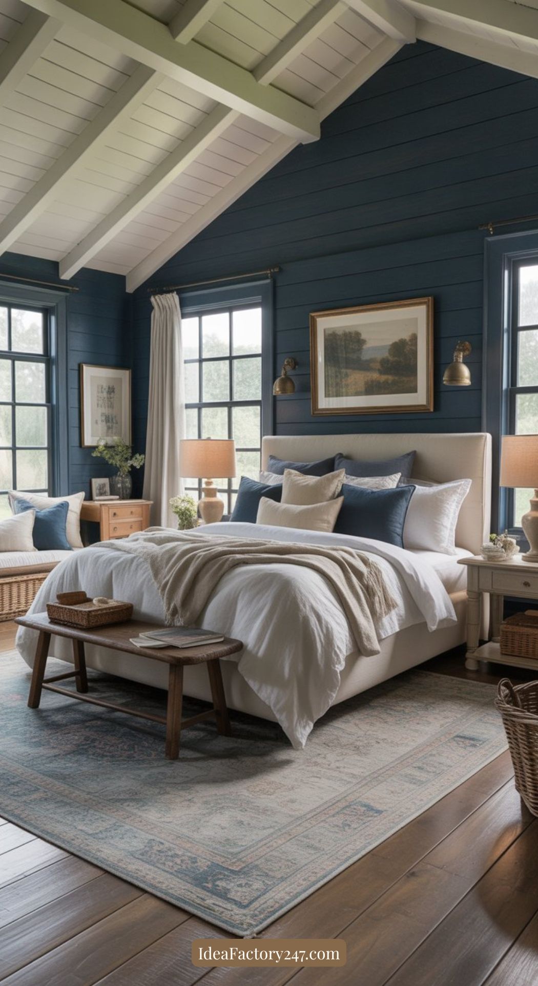 A cozy bedroom with dark blue walls, a white ceiling, large windows, a plush bed with white and blue bedding, wooden benches, nightstands with lamps, and a vintage rug on wooden floors.