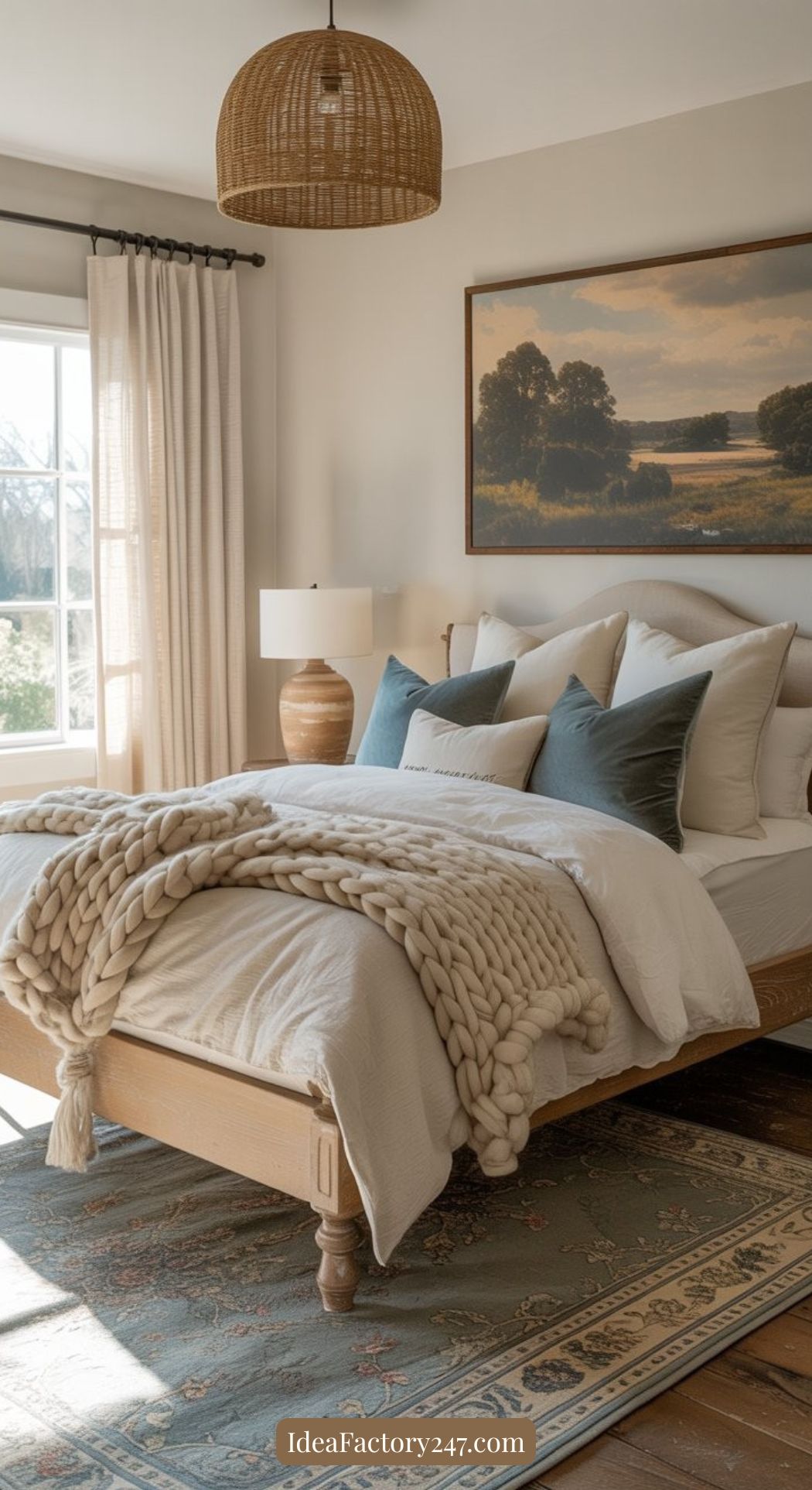 A cozy bedroom with a wooden bed, white bedding, chunky knit blanket, blue-gray pillows, a woven pendant light, landscape painting, large window with sheer curtains, and a patterned rug on wooden floors.