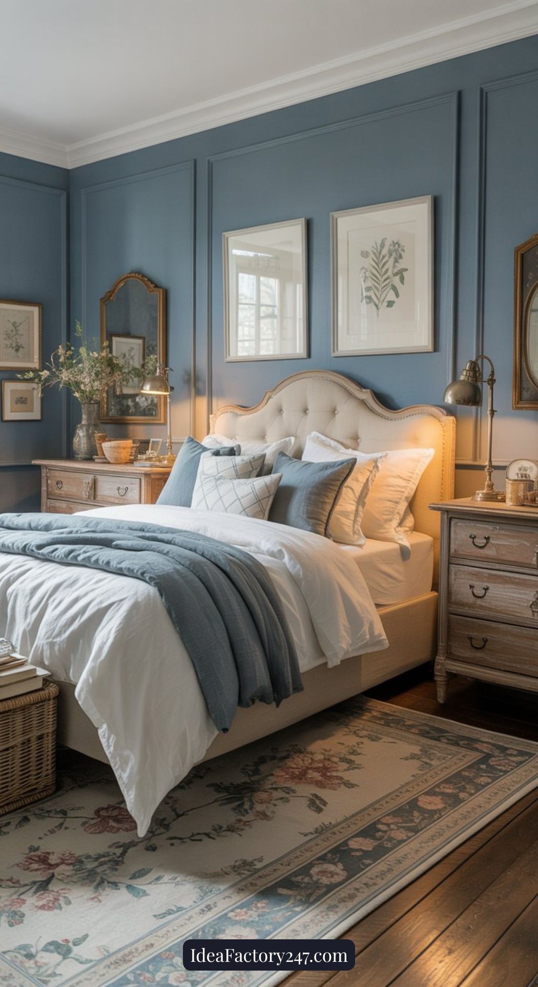 A cozy bedroom with blue paneled walls, a tufted beige headboard, layered blue and white bedding, wooden dressers, framed botanical art, a floral rug, and soft natural light from a window.