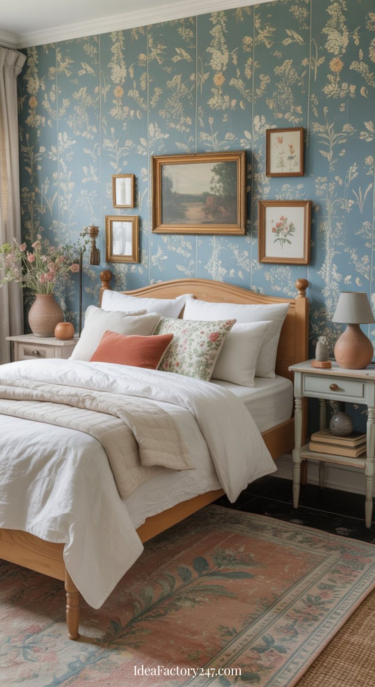 A cozy blue and terracotta bedroom features a wooden bed, white bedding, and floral pillows. Blue wallpaper with botanical patterns, framed art, and a side table with vases and flowers enhance the vintage, elegant atmosphere. A patterned rug lies on the floor.