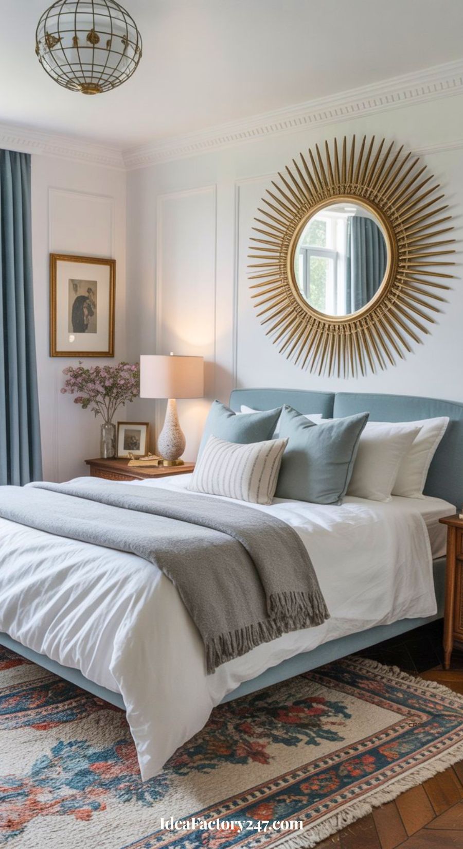 A cozy white and gold bedroom featuring a large sunburst mirror above a blue upholstered bed, white bedding with gray accents, wooden nightstands, a table lamp, vase with flowers, framed art, blue curtains, and a patterned rug.