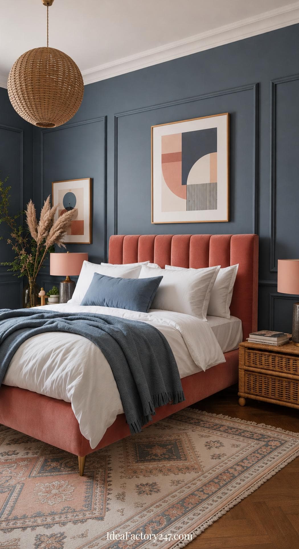 Modern blue and terracotta bedroom with a coral velvet bed, white and blue bedding, dark blue paneled walls, abstract art, a wicker pendant light, and natural accents like a woven nightstand and pampas grass in a vase.