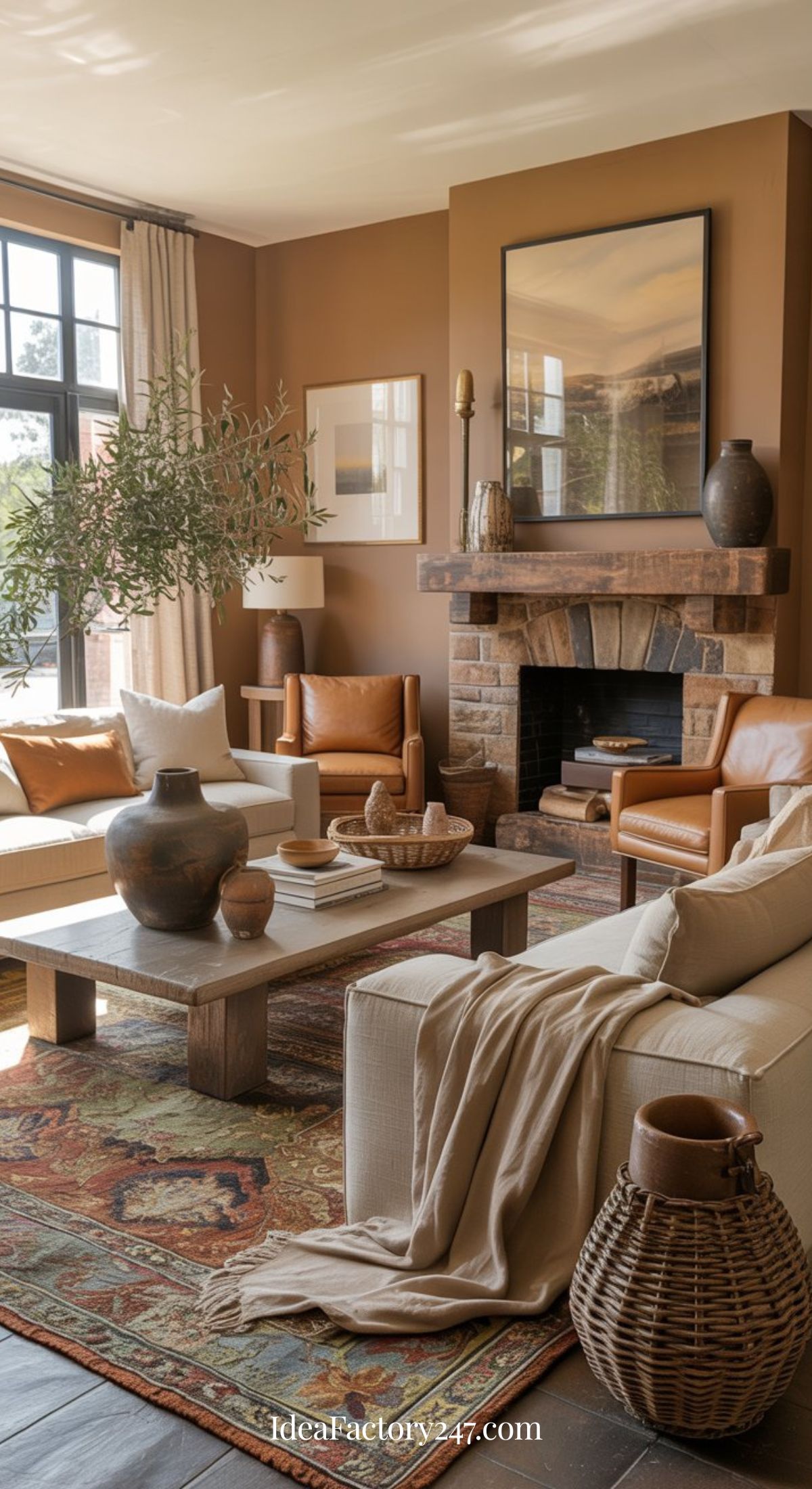 A cozy living room with tan walls, a stone fireplace, cream sofas, brown leather chairs, a rustic coffee table, and decorative vases. Large windows let in natural light, and a patterned rug adds warmth to the space.