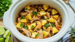 A slow cooker filled with shredded chicken, black beans, corn, pineapple chunks, tomatoes, and garnished with cilantro. Lime wedges and fresh cilantro are visible on the side.