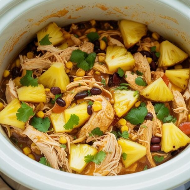 A slow cooker filled with shredded chicken, black beans, corn, pineapple chunks, tomatoes, and garnished with cilantro. Lime wedges and fresh cilantro are visible on the side.