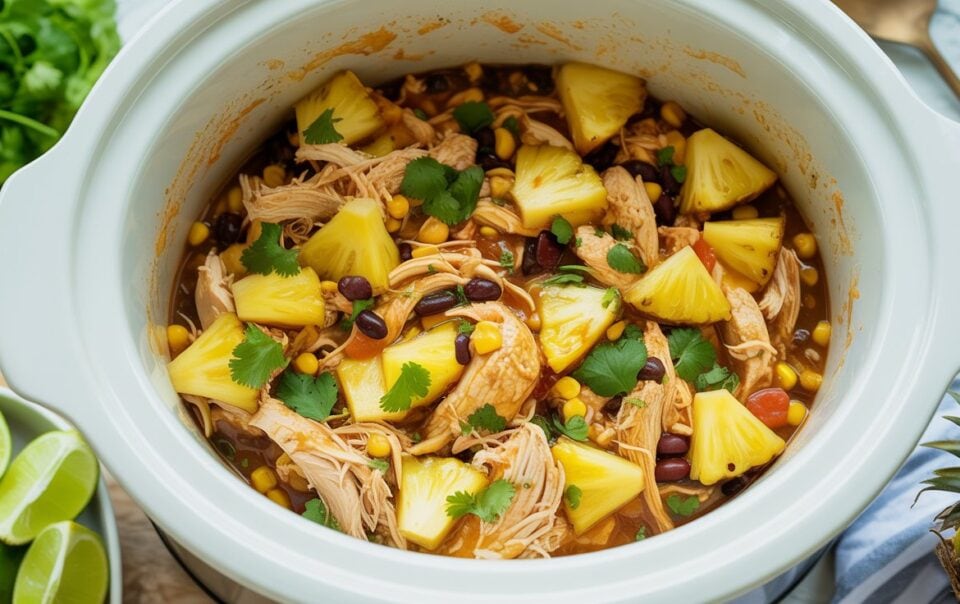 A slow cooker filled with shredded chicken, black beans, corn, pineapple chunks, tomatoes, and garnished with cilantro. Lime wedges and fresh cilantro are visible on the side.